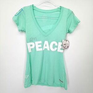 Peace Love World Alina Villasante Peace V Neck Tee Women XS Honeydew Green NWT